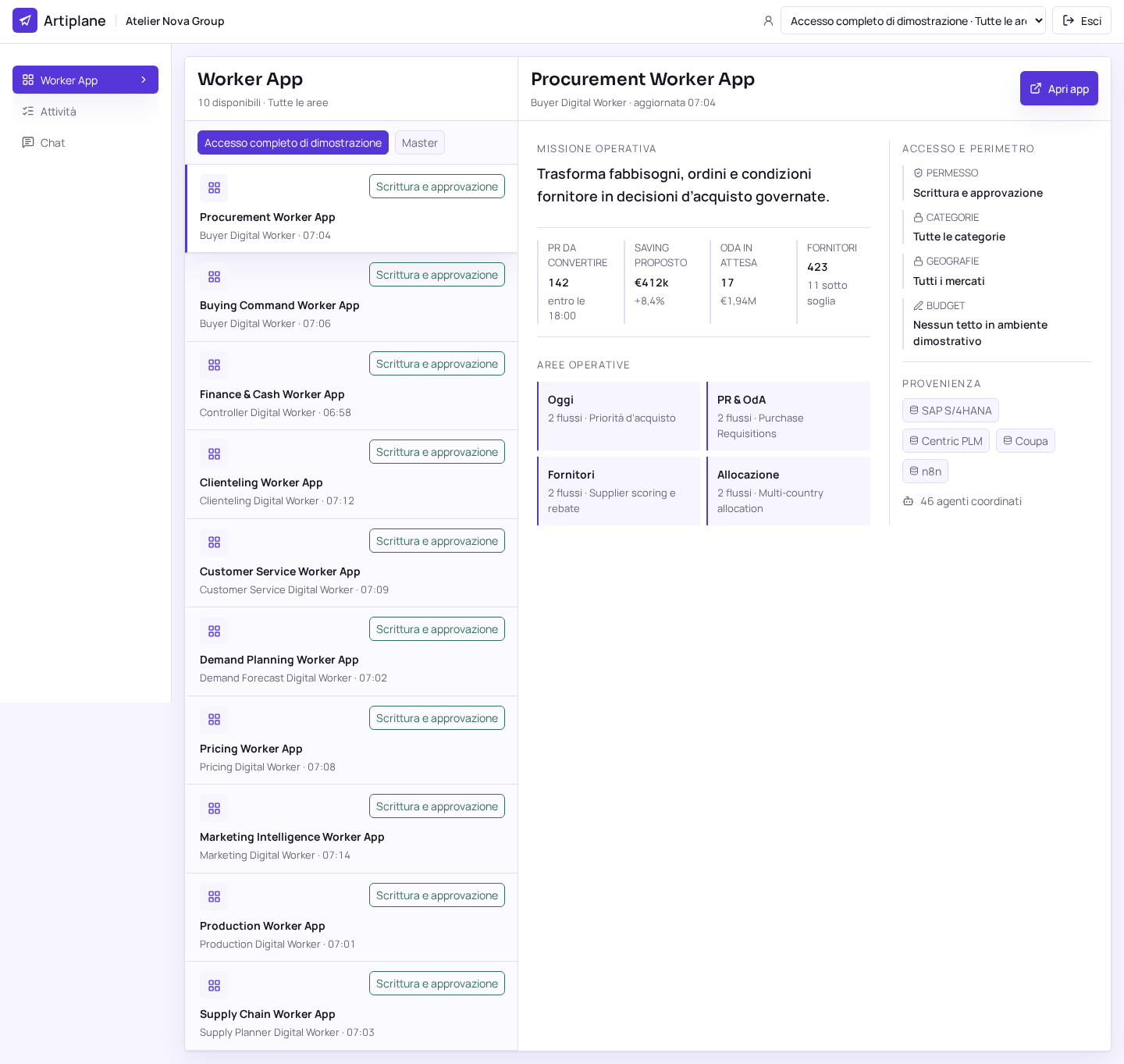 The current User access showing authorized Worker Apps and the selected operational workspace.