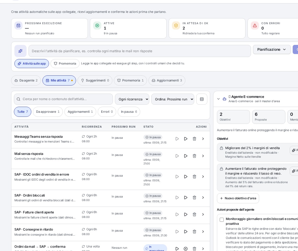 Attività pianificate degli agenti Artiplane con stati e approvazioni