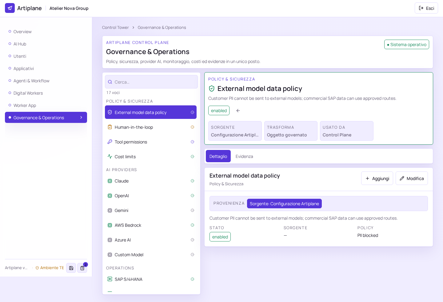 The current Governance and Operations workspace with policies, providers and evidence.