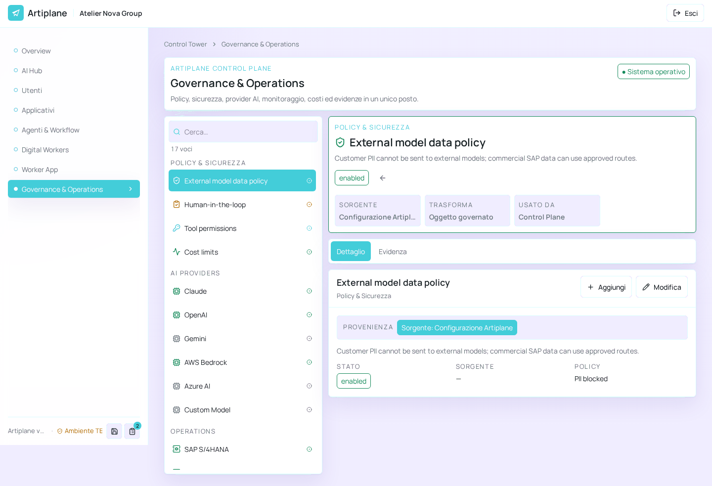 The current Governance and Operations workspace with policies, providers and evidence.
