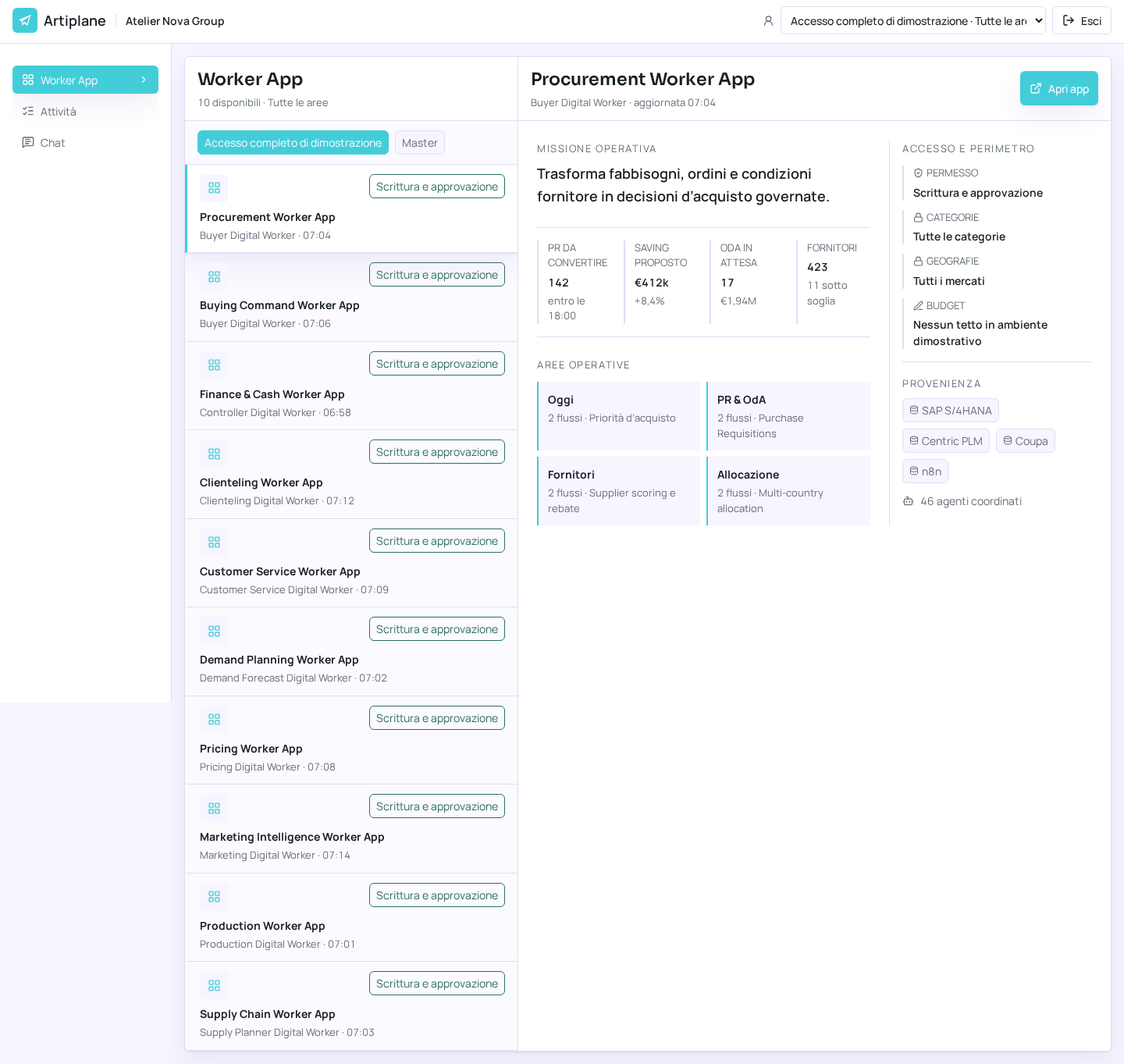 The current User access showing authorized Worker Apps and the selected operational workspace.